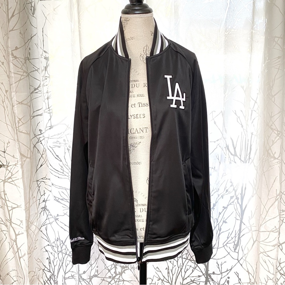 Mitchell & Ness LA black satin white gray stripe zip zipper bomber jacket coat - Picture 2 of 11